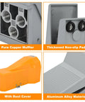 Pneumatic Foot Pedal Valve With Nonslip Surface, Momentary Two Position Five Way Foot Switch, Aluminum Alloy Construction, One Quarter Inch NPT Port, Pressure Control Air Switch For Hands Free Operation, Workhorse Foot Pedal shown with pure copper muffler, non-slip pad, and dust cover.