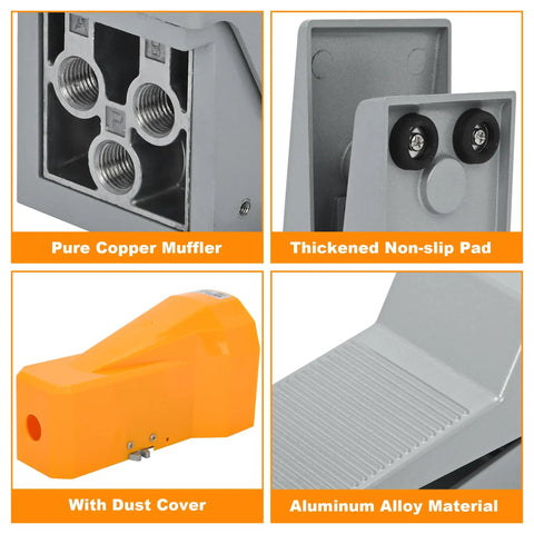 Pneumatic Foot Pedal Valve With Nonslip Surface, Momentary Two Position Five Way Foot Switch, Aluminum Alloy Construction, One Quarter Inch NPT Port, Pressure Control Air Switch For Hands Free Operation, Workhorse Foot Pedal shown with pure copper muffler, non-slip pad, and dust cover.