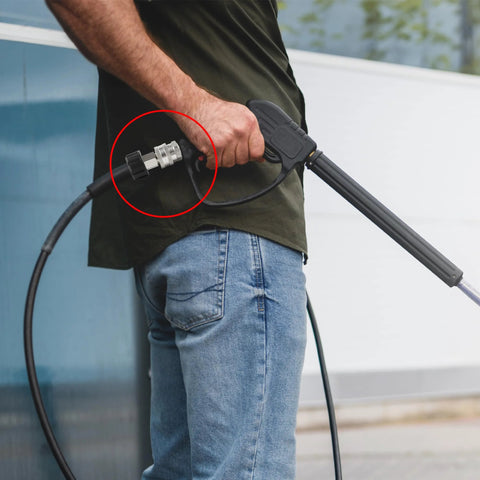 LIULO TOOL pressure washer quick-connect kit: close-up of stainless steel M22 male to 3/8 inch swivel quick-connect