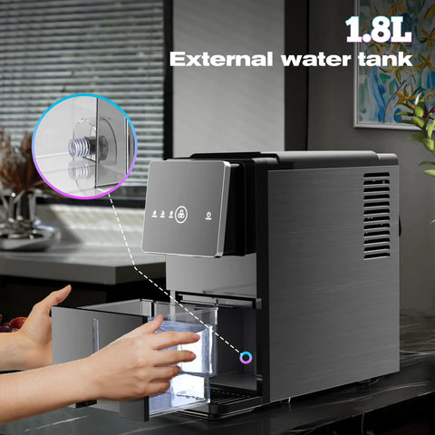 Chewable Nugget Ice Maker For Home And Office, 33 Lbs Per Day, 1.8 L Water Tank, displaying one touch dispensing in kitchen