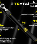Diagram of 12-Piece CR-MO Metric Torque Wrench Adapter Kit showing torque calculation formula, length dimensions, and settings.