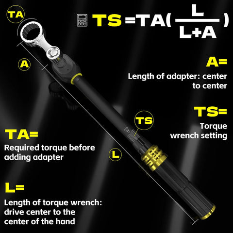 Diagram of 12-Piece CR-MO Metric Torque Wrench Adapter Kit showing torque calculation formula, length dimensions, and settings.