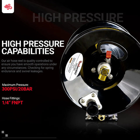 Close-up image of Retractable Air Hose Reel With Hand Crank Built Tough Three Eighths Inch By Fifty Feet 300 PSI 20 Bar Heavy Duty