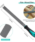 Kickstart Your Carpentry Game With This Hella Durable Eight Inch Wood Rasp File Set Featuring Flat Round Half Round And Triangular Teeth For Knotty Smoothing Badass Wood Finishing Work, showing a flat carbon steel rasp measuring 7.87 x 0.53 inches.