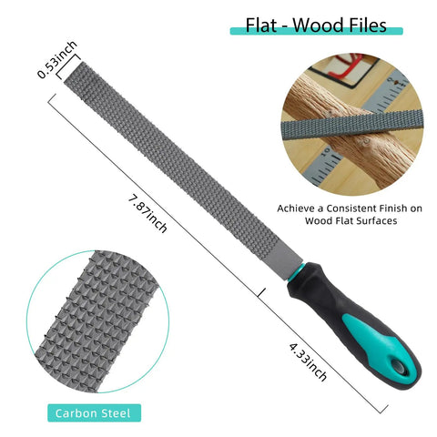 Kickstart Your Carpentry Game With This Hella Durable Eight Inch Wood Rasp File Set Featuring Flat Round Half Round And Triangular Teeth For Knotty Smoothing Badass Wood Finishing Work, showing a flat carbon steel rasp measuring 7.87 x 0.53 inches.