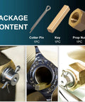 Brass Prop Nut Kit For Inboard Boats That Fits One Inch And One Eighth Inch Shafts showing cotter pin, key, and prop nut details.