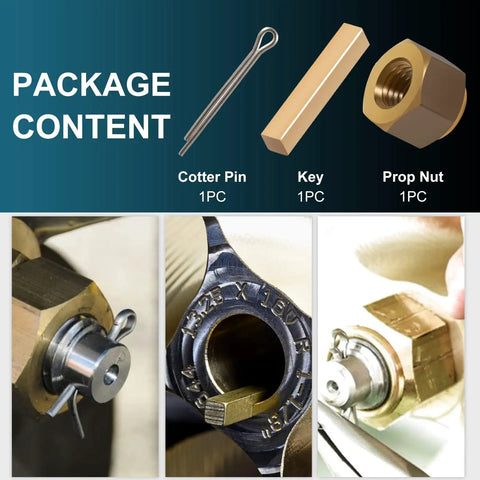 Brass Prop Nut Kit For Inboard Boats That Fits One Inch And One Eighth Inch Shafts showing cotter pin, key, and prop nut details.