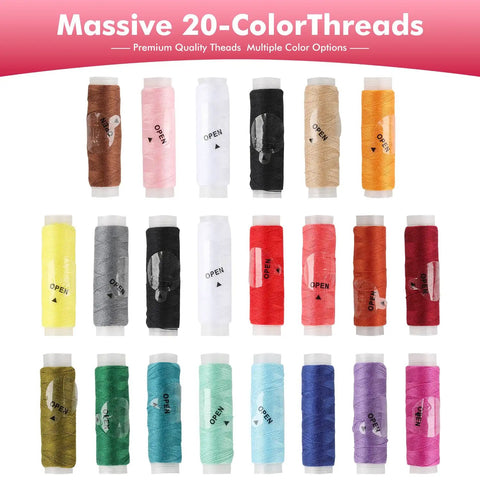 Twenty colorful spools of thread included in On The Go Pink Sewing Kit For Adults Portable Travel Set With 198 Pieces Includes Needles Thread Scissors Tape Measure Marker Pens And More Dorm Room Essentials For Girls And Guys.