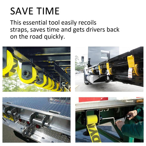 Stainless Steel Strap Winder For Flatbed Trucks And Cargo Trailers in use on yellow straps, demonstrating quick winding.