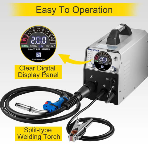 6 In 1 200 Amp MIG Welder With Flux Core TIG MMA Semi Auto Welding Machine featuring digital display and split-type torch