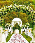 Wedding setup with floral arch and aisle, featuring Metal Garden Arbor Wedding Arch Black, Adjustable Two Size Options Pergola Style.