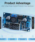 Blue LM2596 Adjustable DC-DC Buck Converter Module With LED Voltage Display, 4 to 40 Volts In and 1.25 to 37 Volts Out shown