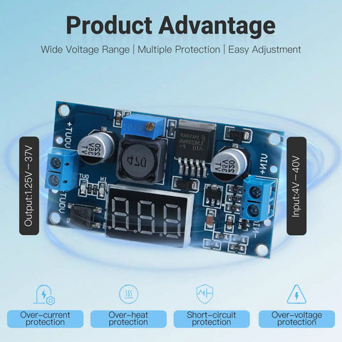 Blue LM2596 Adjustable DC-DC Buck Converter Module With LED Voltage Display, 4 to 40 Volts In and 1.25 to 37 Volts Out shown
