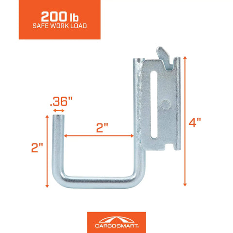 Small Square Hook For E-Track And X-Track Systems, Flat Bottom Design, Holds Small Tools And Tool Bags, 200-Lb Working Load, Heavy Duty Cargo Organization Hook side view with dimensions.