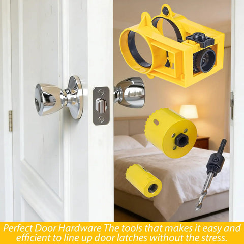 Easy Adjustable Door Lock Installation Kit with guide template and hole saws on metal door with chrome knob