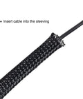 Expandable Braided Cable Sleeve Kit Made From PET 50Ft Total Includes 1/2 Inch 1/4 Inch And 3/8 Inch Sizes Black 3 Rolls Anti Stretch Fire Resistant Wire Loom For Audio Video And Home Electronics Cable Management No Fuss, close-up of cable being inserted