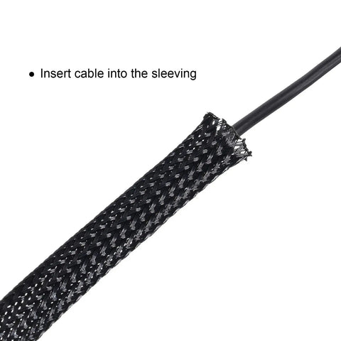 Expandable Braided Cable Sleeve Kit Made From PET 50Ft Total Includes 1/2 Inch 1/4 Inch And 3/8 Inch Sizes Black 3 Rolls Anti Stretch Fire Resistant Wire Loom For Audio Video And Home Electronics Cable Management No Fuss, close-up of cable being inserted