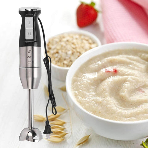 Straight Up Heavy Duty 400W Immersion Hand Blender With Tough Stainless Steel Blades And Adjustable Speed Settings For Buttery Smooth Soups And Shakes Plus Detachable Body Design That Cleans In Seconds For Purees And Batters with blended soup and oats.