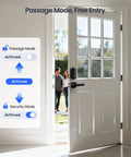 Top Shelf Fingerprint Smart Lock With Heavy Duty Lever Handles Set In Matte Black displayed on an open door.