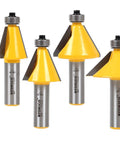 Five yellow chamfer router bits with 1/2 inch shanks from Chamfer Router Bit Set With Bevel Edge Forming Five Bit Kit One Half Inch Shank Model 13508.