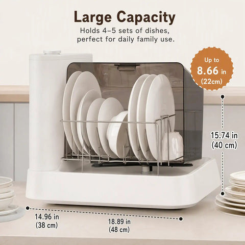Straight Up Portable Countertop Dishwasher With Built In Reservoir And 360 Degree Rotary Spray For A Killer Clean Cycle At High Temp With Quick Air Dry No Sweat Setup For Tight Apartment Rvs Kitchens, showing large capacity for 4-5 sets of dishes.
