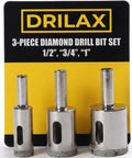 Heavy Duty 3 Piece Diamond Hole Saw Set For Porcelain Ceramic Tile And Glass Smooth Cutting Drill Bits shown, sizes 1/2", 3/4", 1".