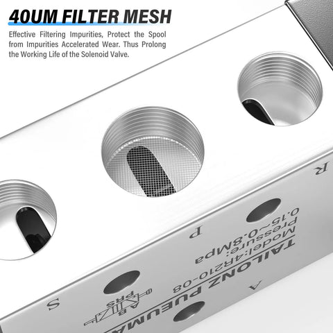 Close-up of 5 Way 2 Position Hand Pull Pneumatic Valve With 1/4 NPT Ports, showing 40UM filter mesh detail, Model 4R210 08