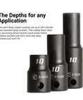 Three semi-deep sockets from Beefy Three Eighths Inch Drive Impact Socket Set With Shallow, Semi Deep And Deep Sockets, SAE Range