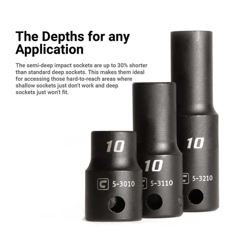 Three 10mm semi-deep sockets from a 3/8 Inch Drive Semi Deep Impact Socket Set Metric Sizes 8 To 22 mm 15 Piece Premium Heavy Duty Chrome