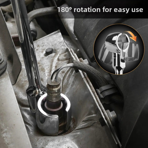 Heavy Duty 22 Mm Socket Wrench With Smooth 180 Degree Swivel Head For Tight Spots shown in use on an engine bolt.