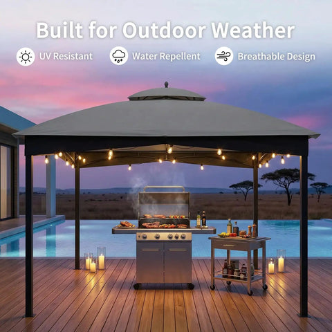 Replacement Canopy Top 10x12 For Gazebo With Installation Hook Double Tier Patio Roof Cover UV Resistant Grey Outdoor Canopy