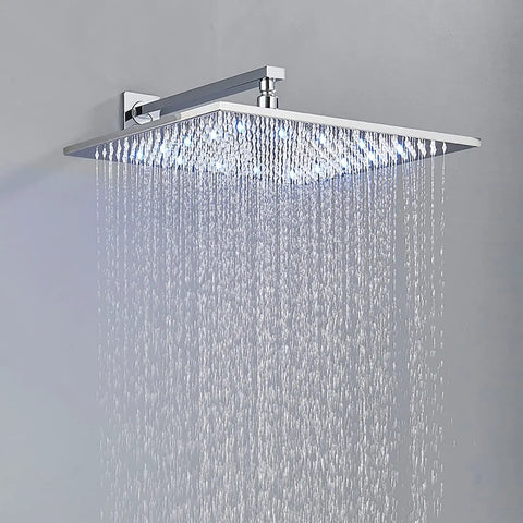 Fresh LED Shower System With Thermostatic Valve, Wall Mounted Chrome Rain Shower Combo, shimmering water flow from chrome rainfall showerhead.