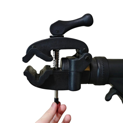 Close-up of clamp on Heavy Duty Bicycle Repair Stand And Pro Grade Repair Tools YC-100-R for home garage, showing smooth adjustment.