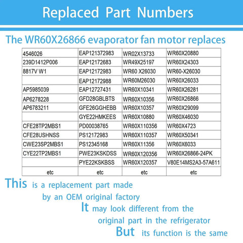 List of part numbers compatible with Upgraded 2025 Evaporator Fan Motor WR60X26866 in image