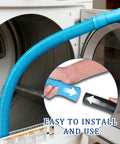 Dryer Vent Cleaner Kit With Universal Vacuum Hose Attachment in use, blue 31-inch hose with close-up of attachment fitting