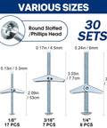 30 Sets Heavy Duty Toggle Bolts Kit for Drywall and Hollow Walls with 1/4", 3/16", 1/8" sizes showing round slotted heads.