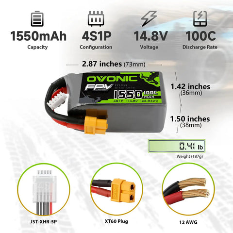 4S 14.8V 1550mAh 100C LiPo Battery With XT60 Connector For RC FPV Racing Drones Quads 2 Pack Soft Case, dimensions and connectors