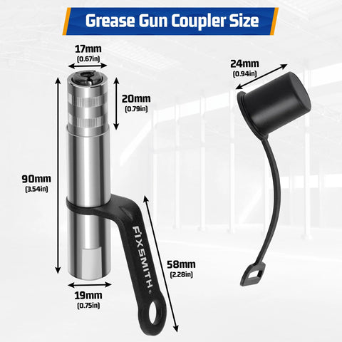 FIXSMITH grease gun coupler with locking lever, front view; metal body, 1/8-inch NPT compatible