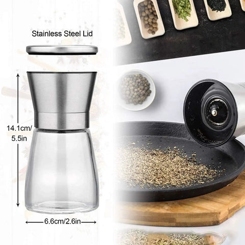Stainless steel and glass Salt And Pepper Grinder Set with Wooden Standing Tray Refillable Pepper Mill Set Kitchen Accessory