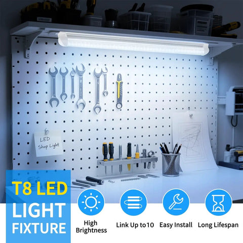 LED Shop Light Two Foot Energy Saving 20W 3000LM 6500K Daylight T8 Tube With Clear Cover installed above a workbench