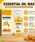 Premium Natural Beeswax Wood Polish Spray That Really Hits Different For Kitchen Cabinets Dining Tables And Hardwood Floors Leaves Surfaces Slick Shiny And Protected in a stylish spray bottle.
