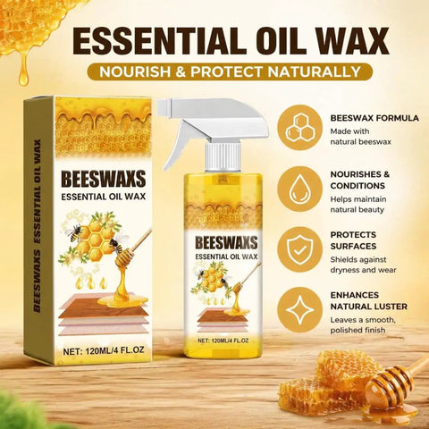 Premium Natural Beeswax Wood Polish Spray That Really Hits Different For Kitchen Cabinets Dining Tables And Hardwood Floors Leaves Surfaces Slick Shiny And Protected in a stylish spray bottle.