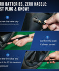 Two-pack black heavy-duty dual-head tire pressure gauge, 12-inch length; step-by-step use: unscrew cap, zero scale, align and measure.