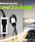 Kickin Ass Portable EV Charger Level 1 And 2 Delivers 40 Amp 9.6KW Power With J1772 And Tesla NACS Adapters, charging connection ready.