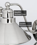 Close-up of Welton 19 Inch Two Light Modern Farmhouse Vanity Light With Dual Funnel Shades Industrial Wall Sconce Polished Nickel finish.