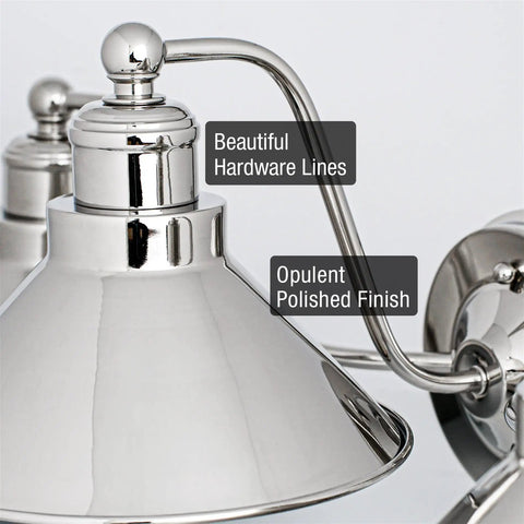 Close-up of Welton 25.5 Inch Three Light Modern Farmhouse Vanity Light With Funnel Shades Gooseneck Industrial Wall Sconce, polished nickel.