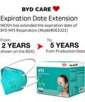 BYD N95 Respirator 20 Pack With Individual Wrap Breathable And Comfortable Foldable Safety Mask With Head Strap For Tight Fit Blue Regular Size NIOSH Approved Extended Expiration To Five Years From Production Date packaging and mask display
