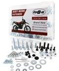 Premium Heavy Duty Blue Zinc Plated Bolt Kit For Honda CRF250 300 450 Rally Dirt Bikes with assorted fasteners and nuts.