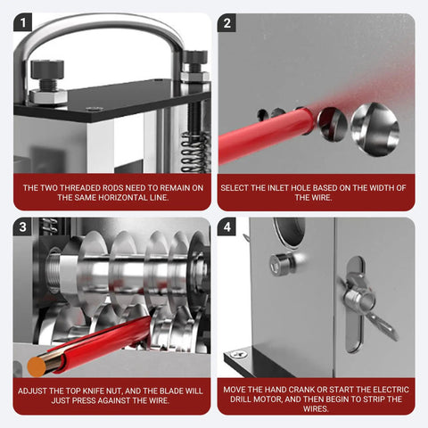 Wire Stripping Machine Manual And Drill Powered For 3 To 17mm Copper Cable with Alloy Blades showing setup and operation.