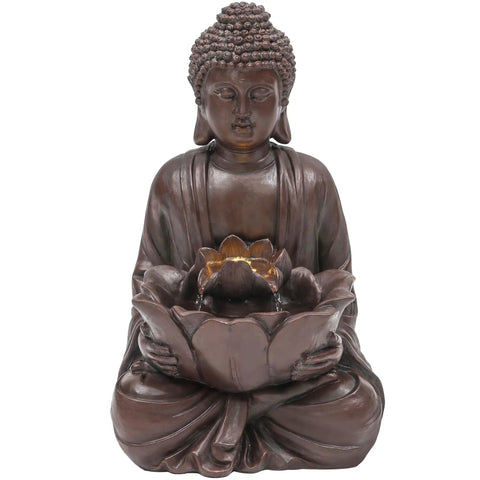 Buddha Outdoor Water Fountain With LED Lights And Pump, Zen Style Garden Waterfall For Patio Or Yard, Faux Bronze Finish